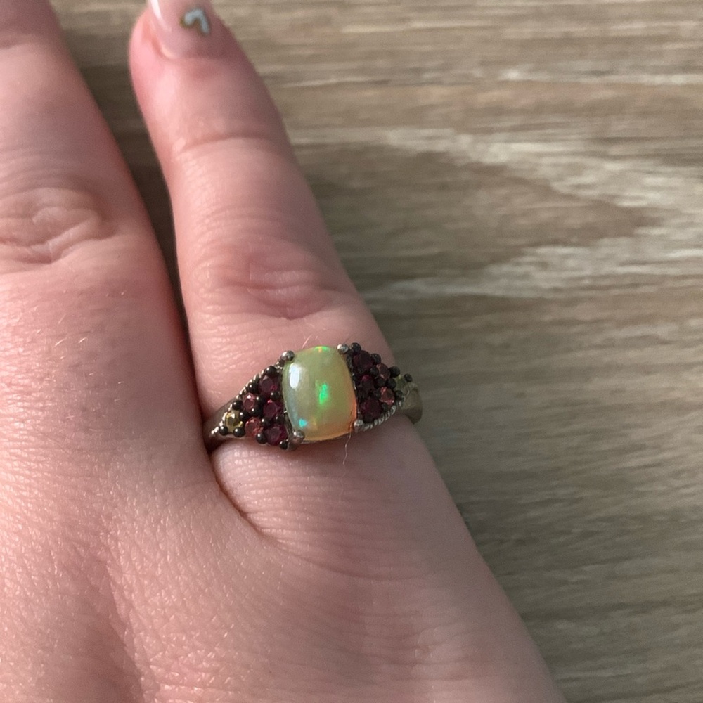 Fire Opal with Rubies - Silver Ring - Size 7.5